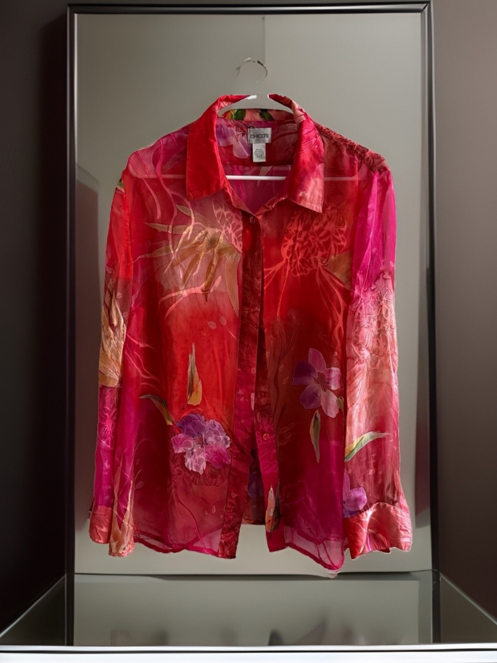 Chico’s Women’s 3 Pink Red Purple Sheer Floral Chiffon Collared Button Blouse